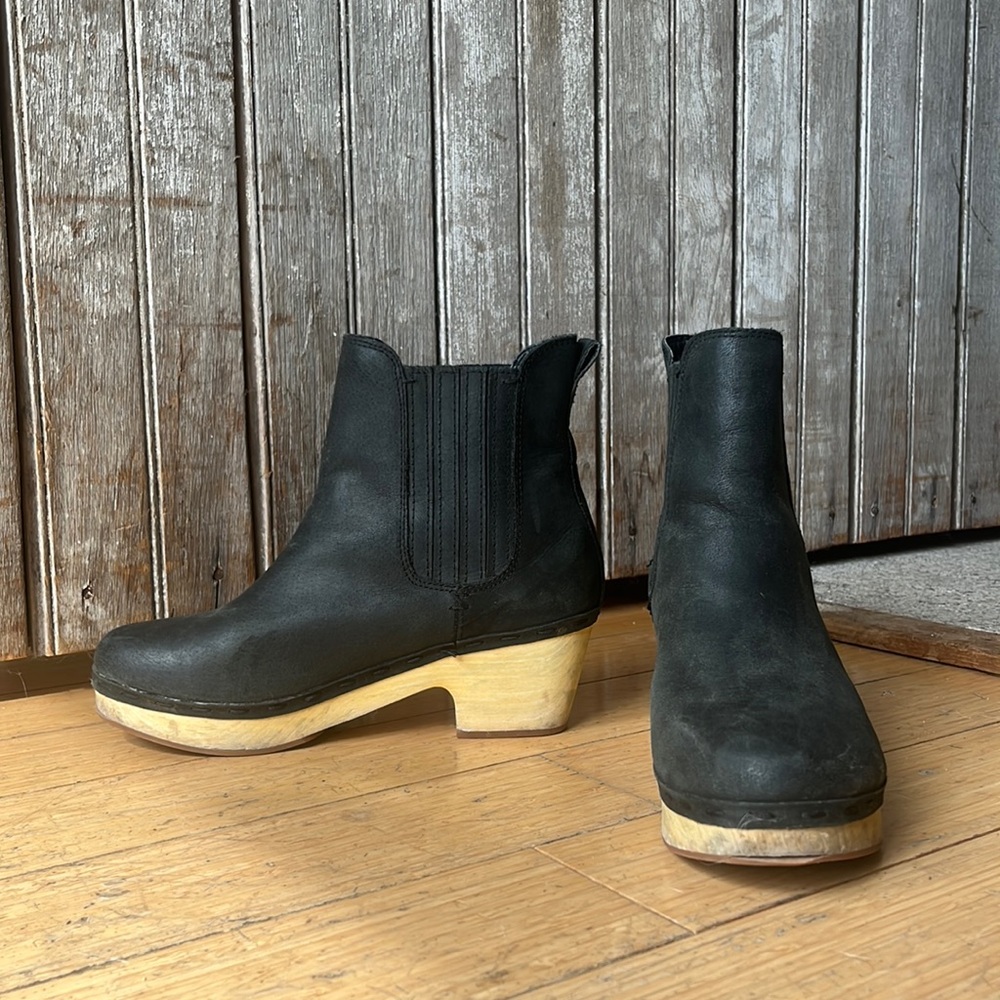 Black Frye leather clog booties with wooden sole 2” heel